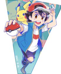 Rule 34 | 1boy, artist request, ash ketchum, bad id, bad pixiv id, baseball cap, black hair, blush, brown eyes, commentary request, creatures (company), game freak, gen 1 pokemon, hat, highres, holding, jacket, male focus, nintendo, open mouth, pikachu, poke ball, pokemon, pokemon (anime), pokemon (creature), pokemon journeys, shirt, short hair, short sleeves, smile