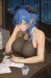 Rule 34 | 1girl, absurdres, armpit crease, bell, blue hair, bodystocking, breasts, closed eyes, coffee, coffee mug, collarbone, cowbell, cup, detached collar, eating, flower in mouth, ganyu (genshin impact), genshin impact, goat horns, hand up, head on hand, highres, holding, holding pen, horns, large breasts, medium hair, mug, neck bell, night, night sky, on chair, paper, paper stack, pen, qingxin flower, shikube, sitting, sky, sleeping, sleeping upright, solo, zzz