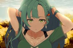Rule 34 | 1girl, adjusting hair, ahonoko, alternate costume, aqua hair, bow, braid, breasts, chloe (fire emblem), cleavage, cleavage cutout, clothing cutout, cloud, cloudy sky, collarbone, commentary, fire emblem, fire emblem engage, green eyes, green shirt, hair bow, highres, large breasts, long hair, looking at viewer, nintendo, outdoors, shirt, short sleeves, sky, solo, sweat, upper body, very long hair