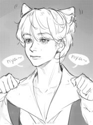 Rule 34 | 1boy, absurdres, animal ears, cat ears, chinese commentary, clenched hands, closed mouth, collarbone, collared shirt, commentary request, greyscale, highres, huening kai, k-pop, kemonomimi mode, light smile, lips, long sleeves, looking ahead, male focus, monochrome, motion lines, palms, paw pose, pectoral cleavage, pectorals, pointy nose, polka dot, polka dot background, real life, realistic, romaji text, shirt, simple background, sketch, sleeves past wrists, solo, speech bubble, thick eyebrows, tomorrow x together, upper body, vest, watermark, weibo logo, weibo watermark, zhehua huan jiu