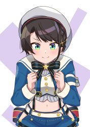 Rule 34 | 1girl, aqua eyes, armband, black bow, black bowtie, black hair, black panties, blue jacket, blue shorts, bow, bowtie, braid, buttons, clenched hands, closed mouth, cropped jacket, cropped shirt, french braid, grey hat, grey shirt, hair ornament, hairclip, hat, high collar, highres, hip vent, hololive, jacket, lace, lace-trimmed panties, lace trim, long sleeves, midriff, navel, oozora subaru, oozora subaru (work), panties, panty peek, pinstripe pattern, pinstripe shirt, sailor hat, shirt, short hair, shorts, sleeve cuffs, smile, solo, star (symbol), striped clothes, striped shirt, suspender shorts, suspenders, swept bangs, taachika, underwear, v-shaped eyebrows, vertical-striped clothes, vertical-striped shirt, virtual youtuber, w arms