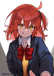 Rule 34 | 1girl, :q, ahoge, alternate costume, black jacket, blush, bow, bowtie, collared shirt, commentary request, fate/grand order, fate (series), formal, fujimaru ritsuka (female), fujimaru ritsuka (female) (souya high school uniform), hair between eyes, hair ornament, hair scrunchie, hand on own hip, highres, jacket, long sleeves, looking at viewer, matsui haru, medium hair, one side up, orange hair, red bow, red bowtie, school uniform, scrunchie, shirt, side ponytail, simple background, solo, tongue, tongue out, twitter username, upper body, yellow eyes, yellow shirt