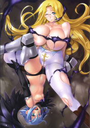 Rule 34 | 2girls, :d, absurdres, angel of light nanael, angel wings, aqua eyes, armor, arms behind back, black panties, black wings, blonde hair, blue eyes, blue hair, blush, bodysuit, boots, breast press, breasts, cameltoe, censored, convenient censoring, dark persona, elbow gloves, floating hair, gainos priestess melpha, glasses, gloves, greaves, highres, huge breasts, knee boots, leg grab, long hair, looking at viewer, melpha, multiple girls, nanael (queen&#039;s blade), nanael (queen's blade), navel, no bra, non-web source, nun, official art, one eye closed, open mouth, panties, pantyhose, queen&#039;s blade, queen&#039;s blade vanquished queens, scan, short hair, skindentation, smile, spread legs, sweat, thighhighs, topless, torn bodysuit, torn clothes, torn legwear, tribadism, tribadism through clothes, underwear, very long hair, white legwear, wince, wings, wink, yuri, zundarepon