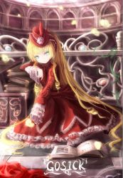 Rule 34 | 1girl, blonde hair, book, bug, butterfly, checkered floor, copyright name, dress, expressionless, floor, flower, gosick, green eyes, hat, insect, lolita fashion, long hair, red dress, rose, sitting, solo, victorica de blois, wangchuan de quanyan