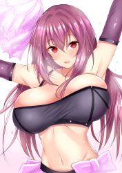 Rule 34 | 1girl, armpits, arms up, bare shoulders, blush, bra, breasts, cheerleader, detached sleeves, fate/grand order, fate (series), highres, huge breasts, large breasts, long hair, looking at viewer, navel, open mouth, pom pom (cheerleading), purple hair, red eyes, ribbon, sankakusui, scathach (fate), scathach (fate), simple background, skirt, sleeveless, solo, sweat, underwear
