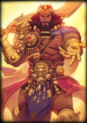 Rule 34 | 1boy, armor, bara, beard, breasts, chest hair, crown, dark-skinned male, dark skin, facial hair, full beard, gauntlets, gilgamesh (smite), gold armlet, gold armor, hair ornament, hairpin, highres, holding, holding weapon, jewelry, large breasts, large pectorals, male focus, multiple hairpins, muscular, muscular male, pectorals, shoulder armor, smile, smite, thick locs, very dark skin, waist cape, weapon, xelgot, yellow background