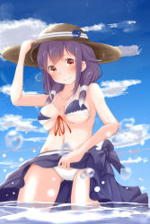 Rule 34 | 1girl, absurdres, adjusting clothes, adjusting headwear, beach, bikini, blue sky, blush, breasts, cloud, cloudy sky, collarbone, cowboy shot, day, front-tie bikini top, front-tie top, hair flaps, hat, highres, kantai collection, long hair, low twintails, medium breasts, navel, neve (morris-minicooper), ocean, outdoors, purple hair, red eyes, sarong, sky, solo, standing, sun hat, swimsuit, taigei (kancolle), twintails, wading, water, whale, white bikini