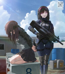 Rule 34 | 2girls, barrel, black hair, blindfold, blood, bound, bound wrists, brown hair, buckle, bullpup, camouflage, collared jacket, crazy smile, cylinder, cylinder (weapon), digital camouflage, gas-seal revolver, glaze artifacts, glowing, glowing eyes, gun, hairband, harness, headset, highres, holding, holding gun, holding weapon, holster, israel weapon industries, iwi tavor ts12, iwi us, jacket, kneeling, long hair, looking at another, multiple girls, original, outdoors, pool, pool of blood, pouch, purple eyes, qr code, revolver shotgun, rifle, rotating-tube magazine, semi-automatic firearm, semi-automatic shotgun, shotgun, skirt, smile, snap-fit buckle, tactical clothes, tavor ts12, thigh gap, thigh holster, thigh pouch, tom-neko (zamudo akiyuki), tri-tube rotating magazine, trigger discipline, weapon