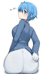 Rule 34 | 1girl, absurdres, ass, bad anatomy, blue eyes, blue hair, blush, breasts, closed mouth, daebom, english text, from behind, gloves, grey gloves, grey pants, hair between eyes, highres, hot, looking at viewer, looking back, medium breasts, mole, mole under eye, original, pants, reversed hand, reversed hands, short hair, sitting, solo, somua sm (daebom), sweat