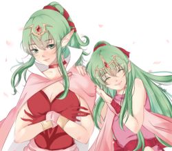 Rule 34 | 2girls, blush, breasts, cape, choker, cleavage, closed eyes, fire emblem, fire emblem: mystery of the emblem, fire emblem: new mystery of the emblem, fire emblem: shadow dragon, fire emblem awakening, gloves, green eyes, green hair, hair ornament, hair ribbon, image sample, large breasts, long hair, lowres, multiple girls, nana (mizukas), nintendo, aged up, pointy ears, ponytail, ribbon, scarf, signature, simple background, smile, tiki (fire emblem), time paradox, tumblr sample, white background