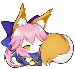 Rule 34 | 1girl, animal ear fluff, animal ears, blue kimono, fate/extella, fate/extra, fate/extra ccc, fate/grand order, fate (series), fox ears, fox girl, fox tail, japanese clothes, kimono, long hair, looking at viewer, lying, nepsuka (hachisuka), on side, one eye closed, pink hair, simple background, solo, tail, tamamo (fate), tamamo no mae (fate/extra), white background, yellow eyes