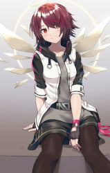 Rule 34 | 1girl, arknights, belt, black belt, black gloves, black pantyhose, black skirt, blush, collarbone, commentary, detached wings, exusiai (arknights), feet out of frame, fingerless gloves, gloves, gradient background, grey background, grey shirt, hair over one eye, halo, head tilt, highres, jacket, looking at viewer, miniskirt, open clothes, open jacket, pantyhose, raglan sleeves, red eyes, red hair, shadow, shirt, short hair, short sleeves, shuucream (syuichi), sitting, skirt, smile, solo, white jacket, wings