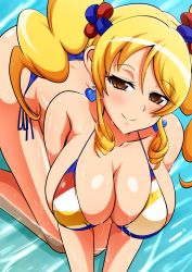 Rule 34 | 10s, 1girl, aokura shou, bikini, blonde hair, blush, breasts, brown eyes, cleavage, cure honey, cure honey (popcorn cheer), earrings, hanging breasts, happinesscharge precure!, highres, jewelry, large breasts, long hair, looking at viewer, oomori yuuko, partially submerged, precure, shiny skin, side-tie bikini bottom, smile, solo, swimsuit, twintails, water, wet