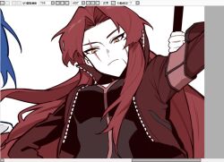 Rule 34 | 1girl, arm up, armband, black bodysuit, bodysuit, coat, cropped jacket, gebura (project moon), holding, holding sword, holding weapon, jacket, lob juice, lobotomy corporation, long hair, looking at viewer, parted bangs, project moon, red armband, red coat, red hair, red jacket, sidelocks, solo, sword, very long hair, weapon, zipper