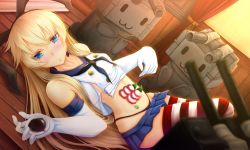 Rule 34 | 10s, 1girl, bad id, bad pixiv id, black panties, blonde hair, blue eyes, blush, colored eyelashes, elbow gloves, food, food on body, gloves, hairband, highres, kantai collection, long hair, navel, nyotaimori, oldlim, panties, rensouhou-chan, shimakaze (kancolle), skirt, striped clothes, striped thighhighs, thighhighs, underwear, white gloves, | |, || ||