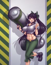 Rule 34 | 1girl, :d, abs, ankle boots, belt, black hair, black ribbon, boots, bow, bracelet, breasts, broom, brown eyes, buckle, buttons, cannon, covered erect nipples, crop top, gem, green bow, green pants, gun, hair bow, hater (hatater), highres, holding, holding gun, holding weapon, huge weapon, impossible clothes, impossible shirt, jewelry, large breasts, leg up, long hair, midriff, navel, navel piercing, nuclear weapon, nuclear weapon, open mouth, pants, piercing, pillarboxed, pointy ears, ponytail, radiation symbol, reiuji utsuho, ribbon, rocket launcher, round teeth, shirt, shoelaces, short sleeves, sky, smile, smiley face, socks, solo, standing, standing on one leg, stomach, symbol-shaped pupils, teeth, third eye, toned, touhou, very long hair, weapon, weapon of mass destruction, white shirt, white socks