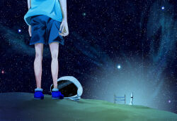 Rule 34 | 1other, ambiguous gender, blue footwear, blue shirt, blue shorts, bump of chicken, commentary, english commentary, head out of frame, unworn headwear, helmet, unworn helmet, launch pad, layloac, light particles, no socks, rocket ship, shirt, shooting star, short sleeves, shorts, sky, solo, space helmet, spacecraft, star (sky), starry sky