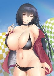 Rule 34 | 1girl, absurdres, asymmetrical breasts, azur lane, bikini, black bikini, black choker, black hair, blue sky, breasts, checkered flag, choker, cleavage, crossed bangs, eyewear on head, flag, highres, huge breasts, jacket, kokonoe misui, long hair, looking at viewer, multi-strapped bikini bottom, multiple straps, official alternate costume, open clothes, open jacket, pulling own clothes, race queen, red eyes, red jacket, sky, solo, strap pull, swimsuit, taihou (azur lane), taihou (enraptured companion) (azur lane), wet