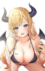 Rule 34 | 1girl, :d, bikini, black bikini, blonde hair, blue eyes, blush, breast tattoo, breasts, cleavage, collarbone, demon girl, demon horns, hair ribbon, highres, holding, hololive, horns, izumi kei, large breasts, long hair, looking at viewer, nail polish, navel, open mouth, pointy ears, ribbon, smile, solo, swimsuit, tattoo, virtual youtuber, wet, white background, wings, yuzuki choco