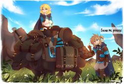 Rule 34 | 1boy, 1girl, animal, annoyed, arm at side, armor, artist name, bag, belt, black leggings, blonde hair, blue cape, blue eyes, blue jacket, blue sky, boots, border, braid, brown eyes, brown footwear, brown gloves, brown hair, bull, cape, closed mouth, cloud, crossed arms, crown braid, day, earrings, english text, excuse me princess (meme), exhausted, fingerless gloves, flower, full body, gloves, grass, green eyes, grey pants, hair ornament, hair tie, hairclip, half-closed eyes, hand up, highres, index finger raised, jacket, jewelry, jitome, knee boots, layered sleeves, leggings, link, log, long sleeves, looking at another, looking to the side, meme, multiple earrings, nintendo, open mouth, outdoors, pants, parted bangs, pointy ears, ponytail, pouch, princess zelda, riding, saddle, shirt, short hair, short over long sleeves, short sleeves, shoulder armor, sidelocks, sidesaddle, sitting, sky, speech bubble, standing, talking, teranen, the legend of zelda, the legend of zelda: breath of the wild, the legend of zelda: tears of the kingdom, triforce, v-shaped eyebrows, walking, watermark, white border, white flower, white shirt
