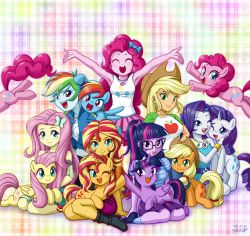 Rule 34 | absurdres, applejack, blush, boots, closed eyes, fluttershy, highres, looking at viewer, my little pony, my little pony: equestria girls, my little pony: friendship is magic, one eye closed, open mouth, pegasus, pinkie pie, pony (animal), rainbow dash, rarity (my little pony), sci-twi, shoes, sitting, skirt, smile, socks, sunset shimmer, tank top, twilight sparkle, unicorn, uotapo, winged unicorn, wink