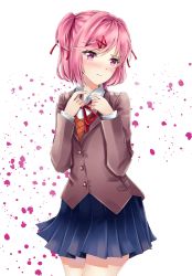 Rule 34 | 1girl, blazer, blue skirt, blush, buttons, closed mouth, collared shirt, commentary, cowboy shot, doki doki literature club, embarrassed, grey jacket, hair ornament, hairclip, highres, jacket, long sleeves, looking at viewer, namii, natsuki (doki doki literature club), neck ribbon, one side up, pink hair, pleated skirt, purple eyes, red ribbon, ribbon, school uniform, shirt, signature, skirt, solo, standing, vest, white shirt, wing collar
