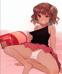 Rule 34 | 1girl, arano oki, backpack, bag, bare arms, bare shoulders, bed sheet, black shirt, brown hair, clothes lift, clothes pull, grin, highres, looking at viewer, original, panties, pleated skirt, pulling own clothes, randoseru, red eyes, red skirt, shirt, shirt pull, simple background, skirt, skirt lift, smile, solo, tan, tanline, two side up, underwear, white background, white panties