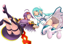 Rule 34 | 2girls, absurdres, ahoge, aqua eyes, aqua hair, armor, artist request, ass, asuna (sao), bare shoulders, boots, breastplate, breasts, closed eyes, dress, food, from behind, headband, highres, leotard, long hair, looking at viewer, looking back, multiple girls, panties, pocky, pocky kiss, purple hair, shared food, sideboob, skirt, smile, thigh boots, thigh strap, thighhighs, underwear, very long hair, yuuki (sao)