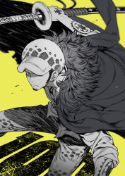 Rule 34 | 1boy, coat, facial hair, fur coat, goatee, hat, highres, holding, holding sword, holding weapon, looking at viewer, male focus, monochrome, nno (nocturnal blue), one eye covered, one piece, solo, sword, tattoo, trafalgar law, weapon, yellow background