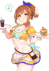 Rule 34 | 1girl, :q, apron, bad id, bad pixiv id, breasts, brown hair, burger, choker, cleavage, closed mouth, cowboy shot, crop top, cup, drinking glass, food, goroo (eneosu), hair ribbon, highres, holding, kunikida hanamaru, long hair, looking at viewer, love live!, love live! sunshine!!, medium breasts, midriff, miniskirt, musical note, navel, orange eyes, ponytail, pouch, ribbon, shirt, short sleeves, simple background, skirt, smile, soda, solo, spoken musical note, stomach, thighs, tongue, tongue out, tray, waist apron, white background, wrist cuffs, yellow shirt, yellow skirt