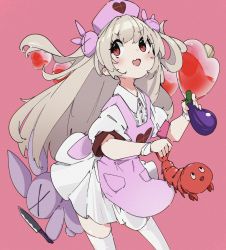 Rule 34 | 1girl, apron, blush, dress, eggplant, fang, grey hair, hair ornament, hat, heart, highres, holding, knife, long hair, natori sana, nurse cap, ocha (popopogg), open mouth, pink apron, pink background, rabbit hair ornament, red eyes, sana channel, short sleeves, shrimp, simple background, skin fang, solo, stuffed animal, stuffed rabbit, stuffed toy, thighhighs, two side up, virtual youtuber, white dress, white thighhighs