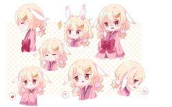 Rule 34 | 1girl, :3, :d, = =, ?, animal ears, blonde hair, blush, bow, brown eyes, chibi, cold you, expressions, extra ears, eyes visible through hair, hair ornament, hair tie, hairclip, heart, highres, large bow, long hair, long sleeves, looking at viewer, low twintails, multiple views, open mouth, original, polka dot, polka dot background, profile, rabbit ears, red bow, simple background, smile, spoken blush, spoken heart, spoken question mark, surprised, twintails
