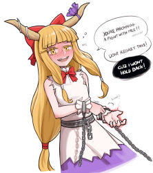 Rule 34 | 1girl, bare arms, belt, blue skirt, blunt bangs, blush, bow, chain, commentary, cuffs, drunk, english commentary, english text, full-face blush, hair bow, hiccup, highres, horn bow, horn ornament, horn ribbon, horns, ibuki suika, long hair, looking at viewer, low-tied long hair, mata (matasoup), oni, open mouth, orange eyes, orange hair, red bow, ribbon, shackles, shirt, sidelocks, simple background, skirt, sleeveless, sleeveless shirt, smile, solo, squeans, teeth, torn clothes, torn sleeves, touhou, very long hair, white background, white shirt