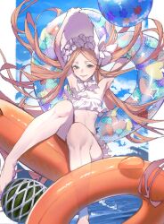 Rule 34 | 1girl, abigail williams (fate), abigail williams (swimsuit foreigner) (fate), armpits, arms up, bare arms, bare legs, bare shoulders, blonde hair, blue eyes, border, breasts, choker, closed mouth, cloud, fate/grand order, fate (series), feet out of frame, hat, konatu yuri, light blush, long hair, looking at viewer, outdoors, parted bangs, sky, small breasts, smile, solo, spread legs, swimsuit, very long hair, water, white border, white hat, white swimsuit