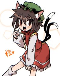 Rule 34 | 1girl, :d, animal ears, brown hair, cat ears, cat tail, chen, earrings, hat, jewelry, kusiyan, mob cap, multiple tails, nekomata, one-hour drawing challenge, open mouth, smile, solo, tail, touhou, two tails