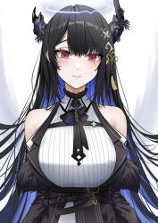 Rule 34 | 1girl, absurdres, asymmetrical horns, bare shoulders, black hair, blue hair, breasts, colored inner hair, demon horns, fur trim, hair ornament, highres, hololive, hololive english, horns, large breasts, long hair, looking at viewer, mole, mole under eye, multicolored hair, nerissa ravencroft, nerissa ravencroft (1st costume), rebelium, red eyes, smile, solo, two-tone hair, uneven horns, virtual youtuber