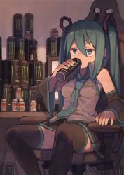 Rule 34 | 1girl, aqua eyes, aqua hair, aqua necktie, bare shoulders, black skirt, black thighhighs, breasts, can, chair, collared shirt, detached sleeves, drinking, energy drink, hair between eyes, hatsune miku, holding, holding can, long hair, medium breasts, monster energy, necktie, shirt, sitting, skirt, sleeveless, sleeveless shirt, solo, thighhighs, tomioka jirou, twintails, vocaloid