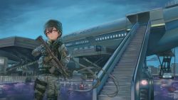 Rule 34 | 1girl, aircraft, airplane, airport, ammunition pouch, copyright request, gloves, green hat, gun, hair between eyes, hat, highres, holding, holding gun, holding weapon, holster, holstered, jacket, klem, looking at viewer, military, military jacket, military uniform, open mouth, outdoors, pink eyes, pouch, short hair, signature, sky, solo, stairs, standing, thigh holster, thigh pouch, traffic cone, uniform, weapon, weapon request