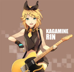 Rule 34 | 1girl, bad id, bad pixiv id, black star (module), blonde hair, electric guitar, fender telecaster, guitar, hair ornament, hair ribbon, instrument, jiman, kagamine rin, open mouth, plectrum, project diva (series), project diva extend, ribbon, sailor collar, short hair, shorts, solo, vocaloid