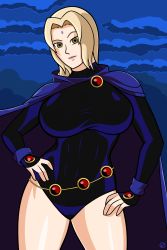 Rule 34 | 1girl, absurdres, blonde hair, breasts, cape, cosplay, dc comics, hands on own hips, highres, large breasts, leotard, naruto, naruto (series), naruto shippuuden, raven (dc), raven (dc) (cosplay), smile, solo, standing, teen titans, tsunade (naruto)