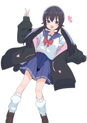Rule 34 | 1girl, :d, absurdres, arm up, black hair, black jacket, blue eyes, blue sailor collar, blue skirt, blush, bow, brown footwear, hair between eyes, hair ornament, hairclip, heart, highres, jacket, loafers, long hair, long sleeves, loose socks, low twintails, luke (dydansgur), open clothes, open jacket, open mouth, original, pleated skirt, puffy long sleeves, puffy sleeves, red bow, sailor collar, school uniform, serafuku, shirt, shoes, simple background, skirt, sleeves past wrists, smile, socks, solo, twintails, v, v-shaped eyebrows, very long hair, white background, white shirt