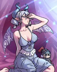 Rule 34 | 1girl, akairiot, bare shoulders, breasts, cleavage, demon girl, demon horns, demon wings, dress, grey eyes, grey hair, hand up, highres, horns, knight (yu-gi-oh!), large breasts, lips, lovely labrynth of the silver castle, pointy ears, sitting, solo, stuffed toy, wings, yu-gi-oh!