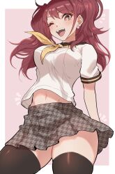 Rule 34 | 1girl, arms behind back, atlus, breasts, brown eyes, brown hair, highres, kujikawa rise, large breasts, legs, looking at viewer, midriff, navel, one eye closed, open mouth, persona, persona 4, school uniform, skirt, smile, solo, thick thighs, thighs, twintails, wink