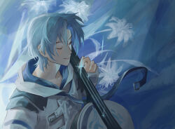 Rule 34 | 1boy, blue hair, cello, closed eyes, flower, highres, holostars, holostars english, hood, hoodie, instrument, long sleeves, male focus, minnibuka, music, playing instrument, regis altare, short hair, smile, solo, sparkle, virtual youtuber, white hoodie
