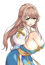 Rule 34 | 1girl, absurdres, arch bishop (ragnarok online), arms behind back, blue dress, blush, braid, breasts, brown hair, cleavage, cleavage cutout, clothing cutout, commentary request, cowboy shot, cross, dress, french braid, green eyes, hair between eyes, hair intakes, highres, juliet sleeves, kumacchi, large breasts, long hair, long sleeves, looking at viewer, open mouth, panties, puffy sleeves, ragnarok online, sash, simple background, smile, solo, two-tone dress, underwear, white background, white dress, white panties, yellow sash