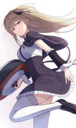 Rule 34 | 1girl, arm at side, assault lily, black capelet, black footwear, black ribbon, black skirt, black sleeves, breasts, brown hair, capelet, commentary, cowboy shot, detached sleeves, floating hair, frilled skirt, frilled sleeves, frills, from side, gradient background, grey background, hair ribbon, heterochromia, high-waist skirt, highres, holding, holding shield, kuo shenlin, leg up, loafers, long hair, looking at viewer, looking to the side, medium breasts, miniskirt, neck ribbon, nuenue, one side up, parted lips, red eyes, ribbon, school uniform, shield, shirt, shoes, skirt, solo, standing, standing on one leg, suspender skirt, suspenders, thighhighs, white background, white shirt, white thighhighs, yellow eyes, yurigaoka girls academy school uniform
