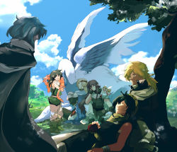Rule 34 | 6+boys, cape, character request, cloud, day, dragon, fairy, friends, headband, highres, holding, inukichi/inupu, jendo, low ponytail, male focus, multiple boys, nature, outdoors, shade, sky, toki no daichi, tree, under tree