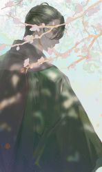 Rule 34 | 1boy, branch, brown hair, cherry blossoms, dappled sunlight, fate/grand order, fate (series), glasses, haori, japanese clothes, kibadori rue, male focus, profile, smile, solo, sunlight, yamanami keisuke (fate)