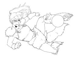 1boy armor ball commentary_request flying_kick full_body highres inuyasha kicking kouga_(inuyasha) leg_warmers lineart long_hair male_focus mame_moyashi pointy_ears ponytail sharp_toenails simple_background solo tail toenails white_background wolf_tail