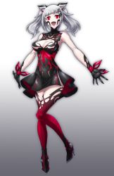 Rule 34 | 1girl, :d, alternate eye color, bad id, bad pixiv id, breasts, cleavage cutout, clothing cutout, dark persona, facial mark, gradient background, hair ornament, hair ribbon, hairclip, high heels, kaguya luna, large breasts, mazeran, mechanical pencil, open mouth, pale skin, pencil, red eyes, ribbon, skirt, smile, the moon studio, twintails, virtual youtuber, white hair, wrist ribbon